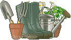Garden supplies consisting of green rubber garden boots, a pot holding a trowel and rake, a watering can and a plant. 