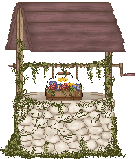 well covered in moss and vines, and the bucket holds colorful flowers.